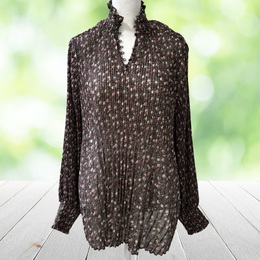 CABI Tunic Blouse Pleated Chiffon Ditsy Floral Ruffle Neck Cottagecore Size M